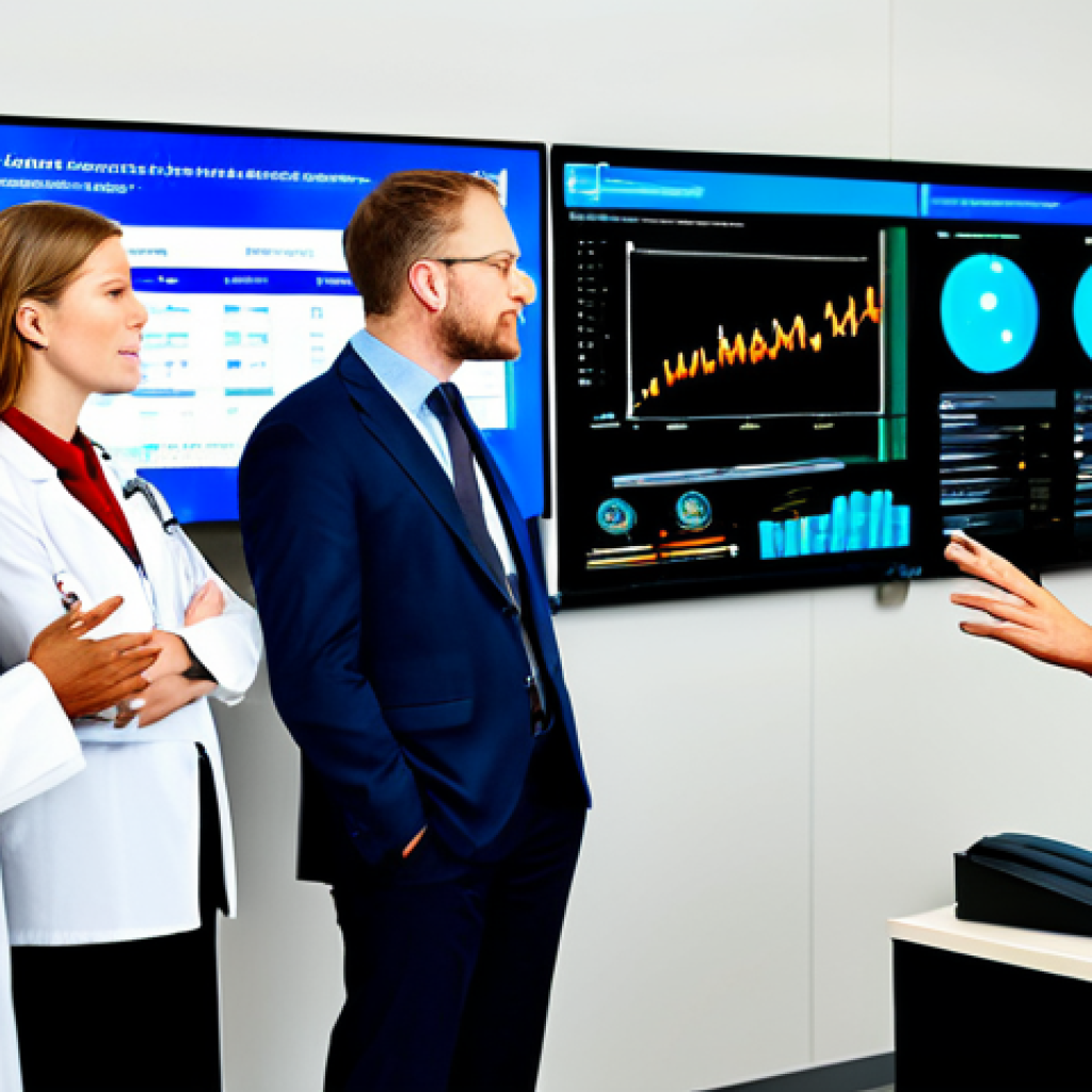 A diverse team of professional health administration professionals and doctors, fully clothed in modest business attire, collaborating in a modern, organized healthcare office. They are gathered around a large, illuminated digital display screen, which showcases real-time patient data and administrative dashboards. One professional gestures towards the screen, highlighting a point, while others observe intently. The background features sleek, contemporary office furniture and a clean, efficient environment, subtly indicating the absence of traditional paper clutter. The focus is on their collaborative effort and the clarity provided by technology. Professional photography, high-resolution, sharp focus, natural lighting, perfect anatomy, correct proportions, natural poses, well-formed hands, proper finger count, natural body proportions, safe for work, appropriate content, fully clothed, professional, family-friendly.