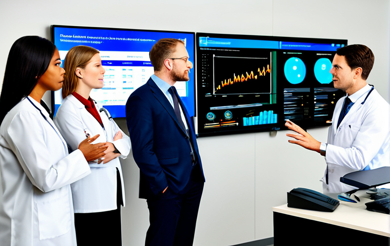A diverse team of professional health administration professionals and doctors, fully clothed in modest business attire, collaborating in a modern, organized healthcare office. They are gathered around a large, illuminated digital display screen, which showcases real-time patient data and administrative dashboards. One professional gestures towards the screen, highlighting a point, while others observe intently. The background features sleek, contemporary office furniture and a clean, efficient environment, subtly indicating the absence of traditional paper clutter. The focus is on their collaborative effort and the clarity provided by technology. Professional photography, high-resolution, sharp focus, natural lighting, perfect anatomy, correct proportions, natural poses, well-formed hands, proper finger count, natural body proportions, safe for work, appropriate content, fully clothed, professional, family-friendly.