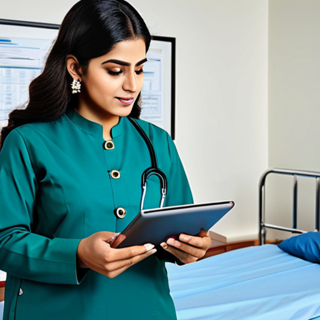 **

"A confident female healthcare manager in a professional shalwar kameez, reviewing patient records on a tablet in a modern hospital office, fully clothed, appropriate attire, safe for work, perfect anatomy, natural proportions, professional, modest, family-friendly, high quality."

**