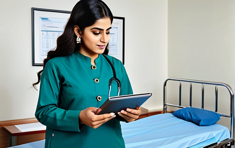 **
"A confident female healthcare manager in a professional shalwar kameez, reviewing patient records on a tablet in a modern hospital office, fully clothed, appropriate attire, safe for work, perfect anatomy, natural proportions, professional, modest, family-friendly, high quality."
**