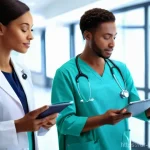 Home 15 보건의료행정사 현업과 자격증 활용법 - "A brightly lit, modern hospital setting, showcasing efficient medical administration. A diverse tea...