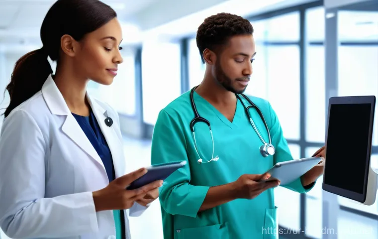 보건의료행정사 현업과 자격증 활용법 - "A brightly lit, modern hospital setting, showcasing efficient medical administration. A diverse tea...