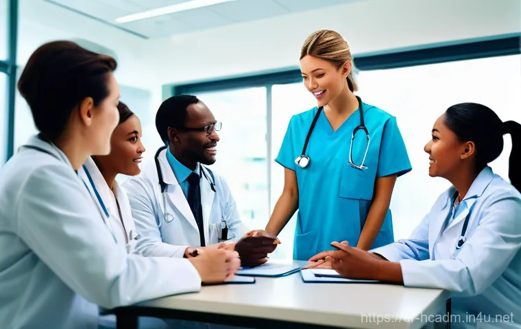 보건의료행정사 현업과 자격증 활용법 - "A brightly lit, modern hospital setting, showcasing efficient medical administration. A diverse tea...